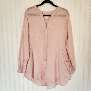 SIGRID OLSEN Pale Pink 100% Linen Lagenlook Button Front Tunic Blouse Top Large